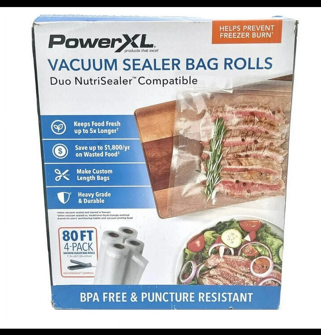 PowerXL vacuum sealer bag rolls packaging with images of food on a white background