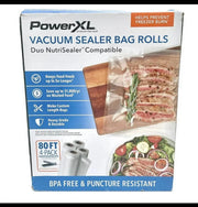 PowerXL vacuum sealer bag rolls packaging with images of food on a white background
