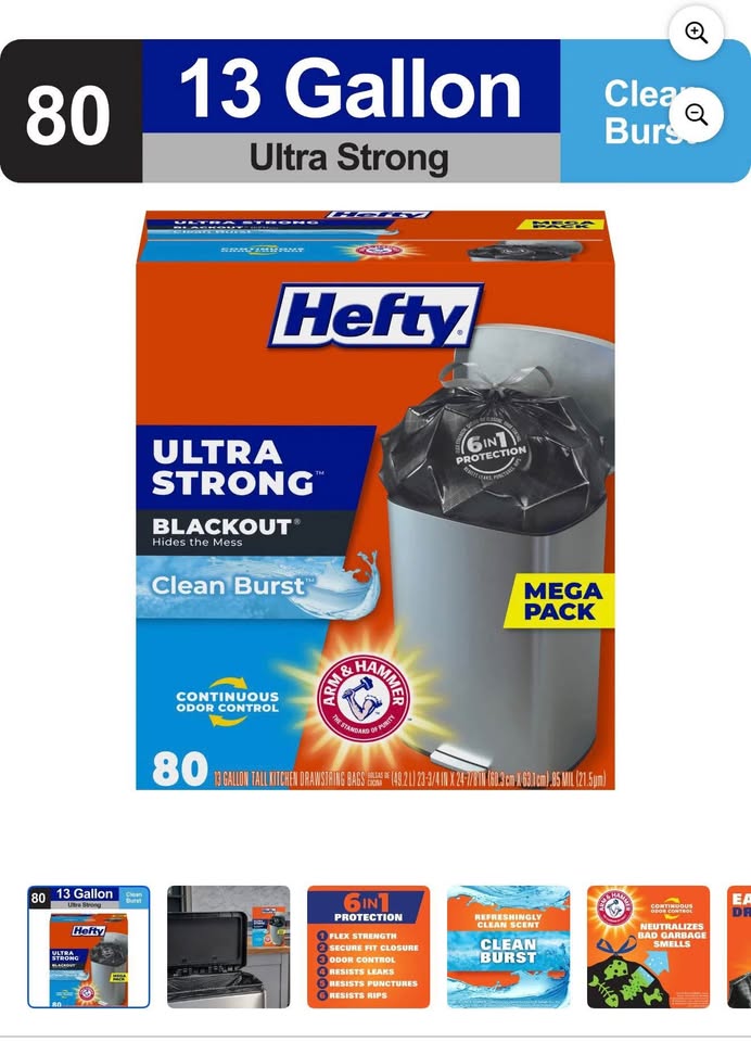 Hefty Ultra Strong 13 gallon Trash Bags, Tall Kitchen Trash Bags, Blackout, Clean Burst Scent, 80 Ba