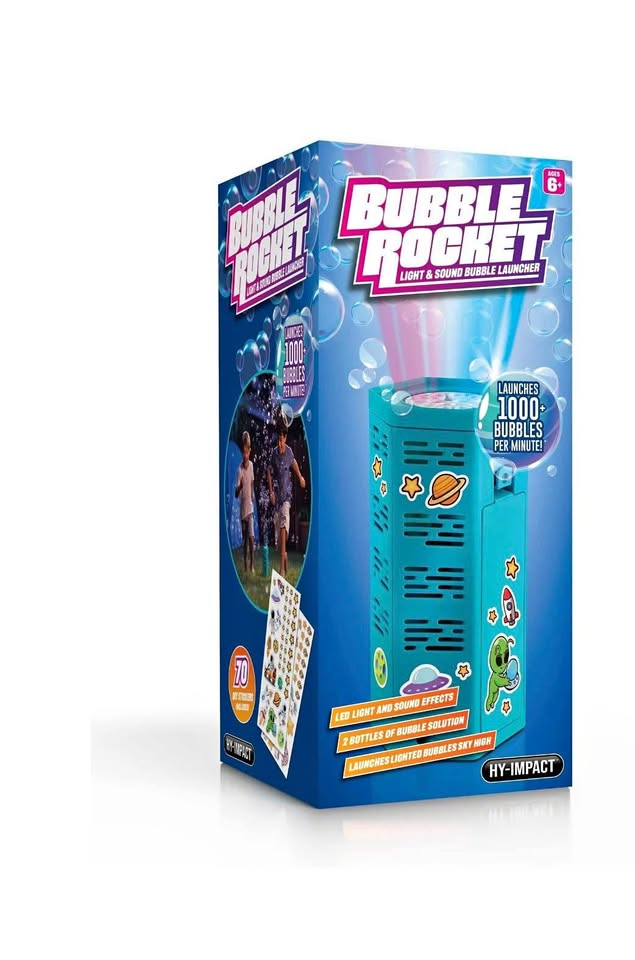 HY-IMPACT Bubble Rocket Launcher + Bubble Solution, LED Lights & Sounds, Launches Up to 10 Feet, 100