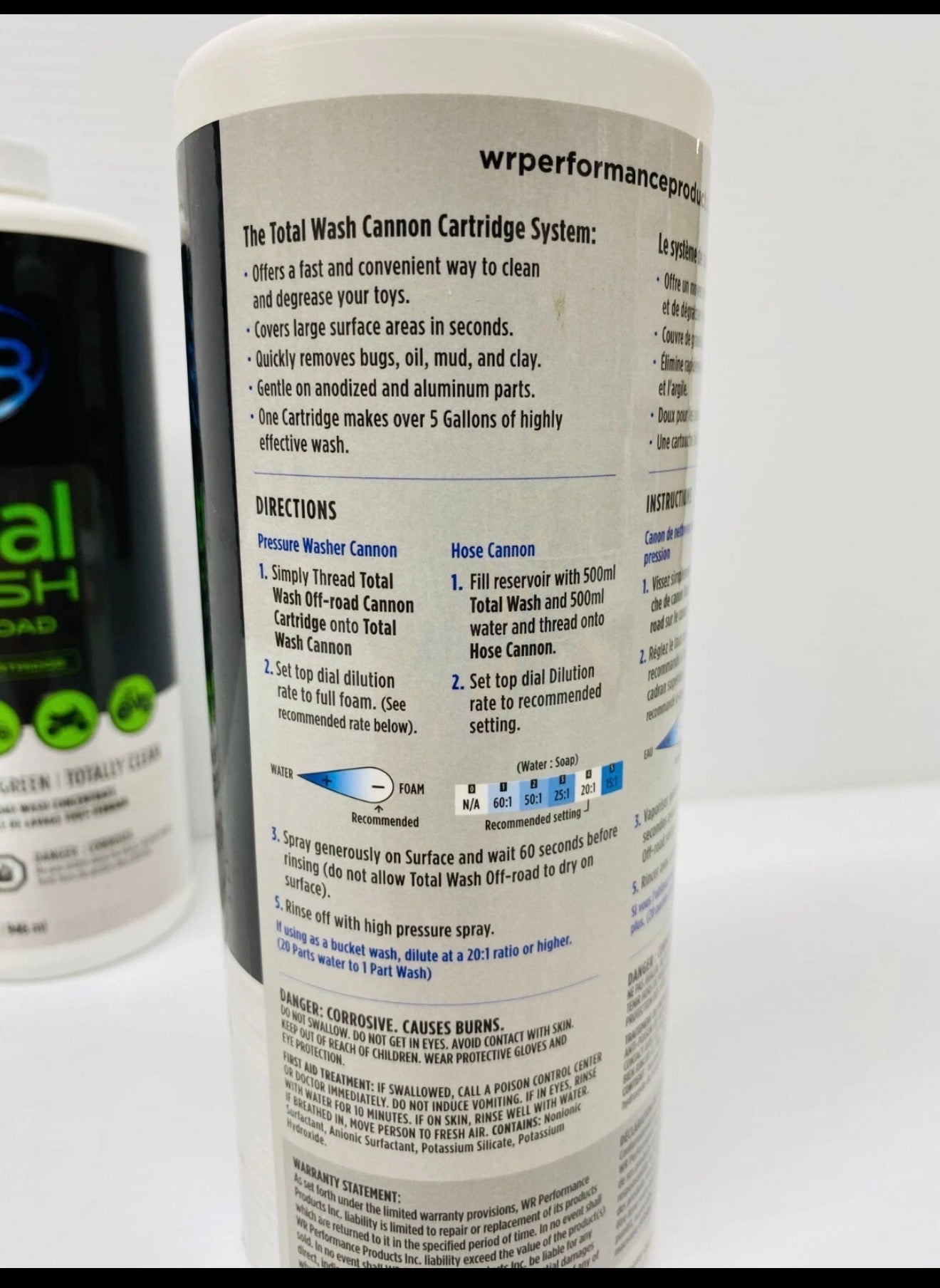 Cylindrical container with text and branding on a white background