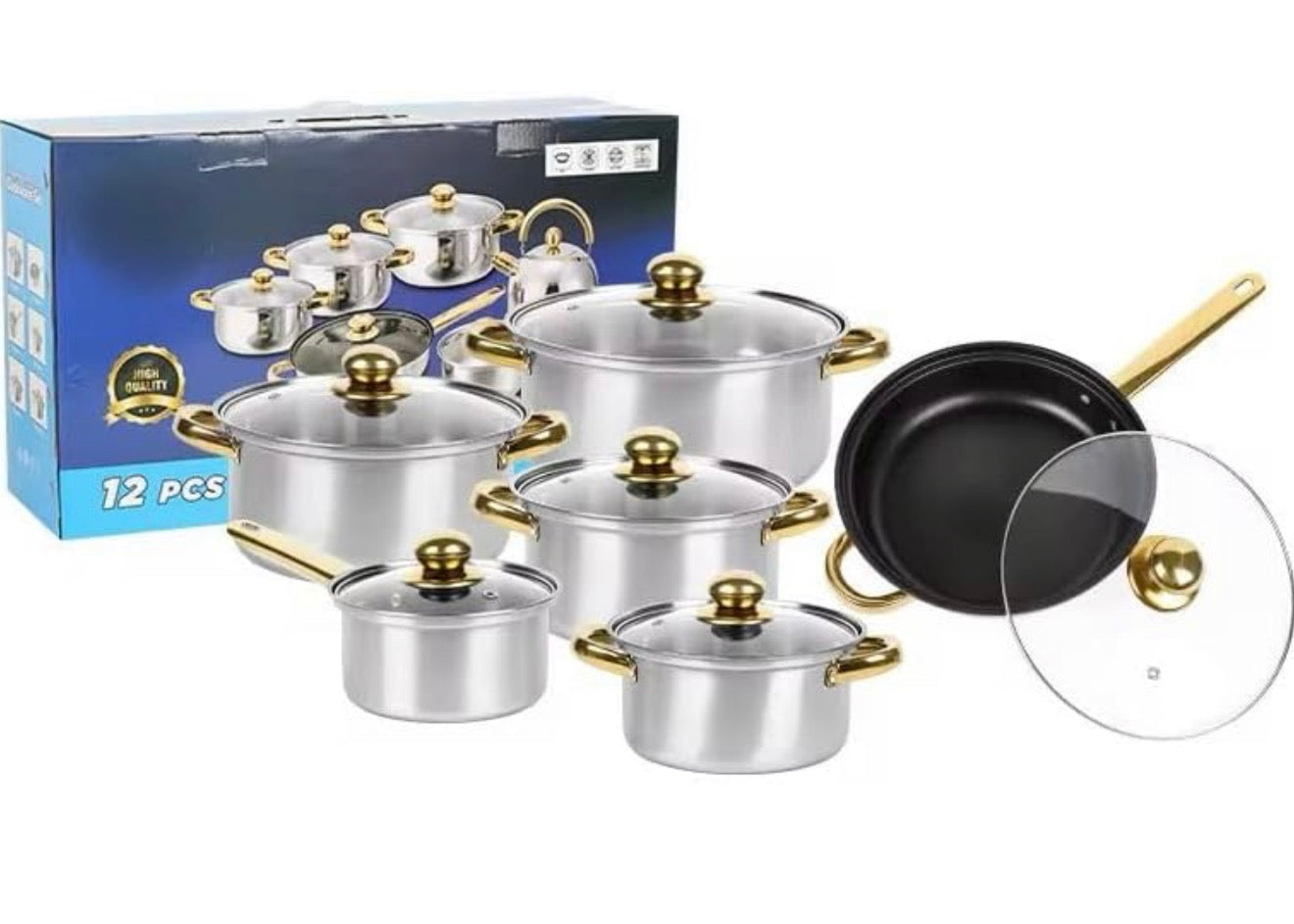 Set of stainless steel cookware with lids and a pan, including packaging, on a white background.